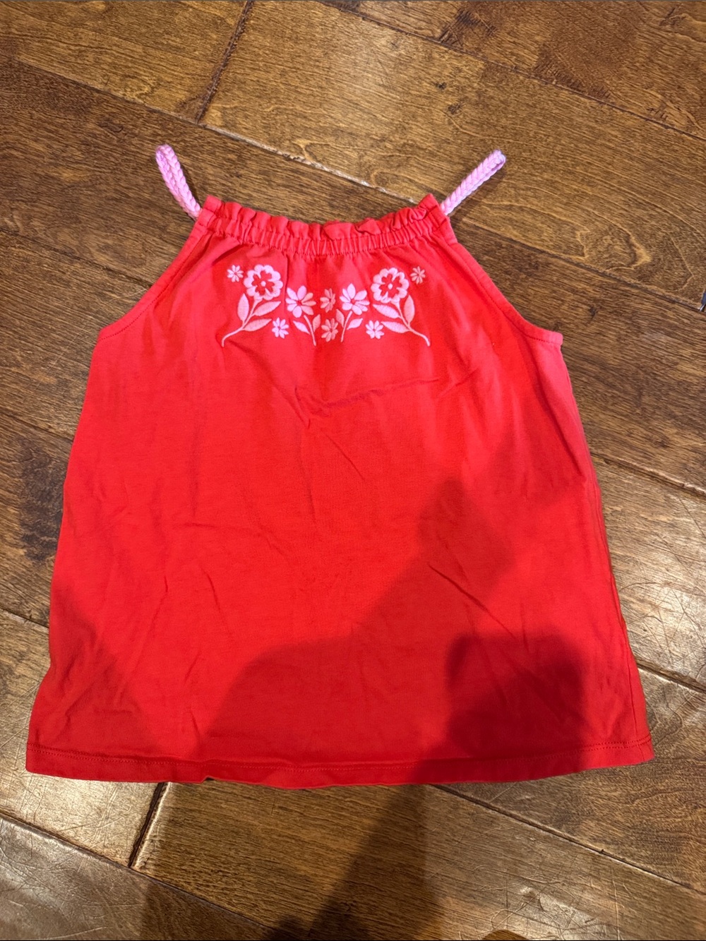 Mini Boden Coral Red Tank with Pink Braided Straps and White Floral Detail